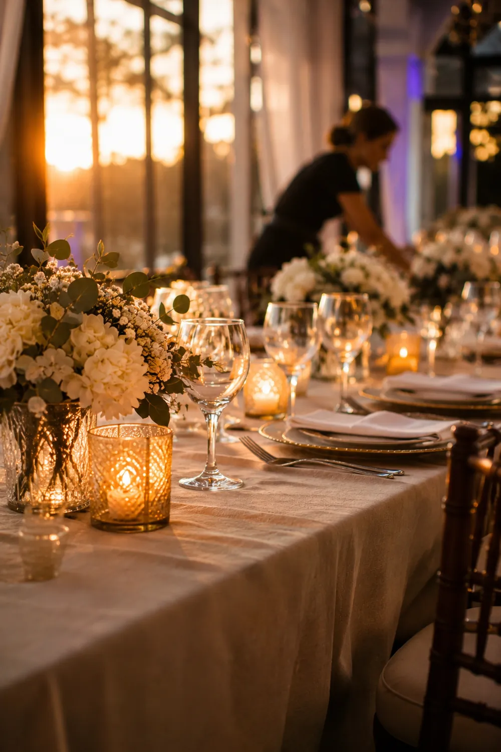 Mesa de recepção com flores brancas, taças e velas ao pôr do sol, com a equipe ajustando a decoração ao fundo